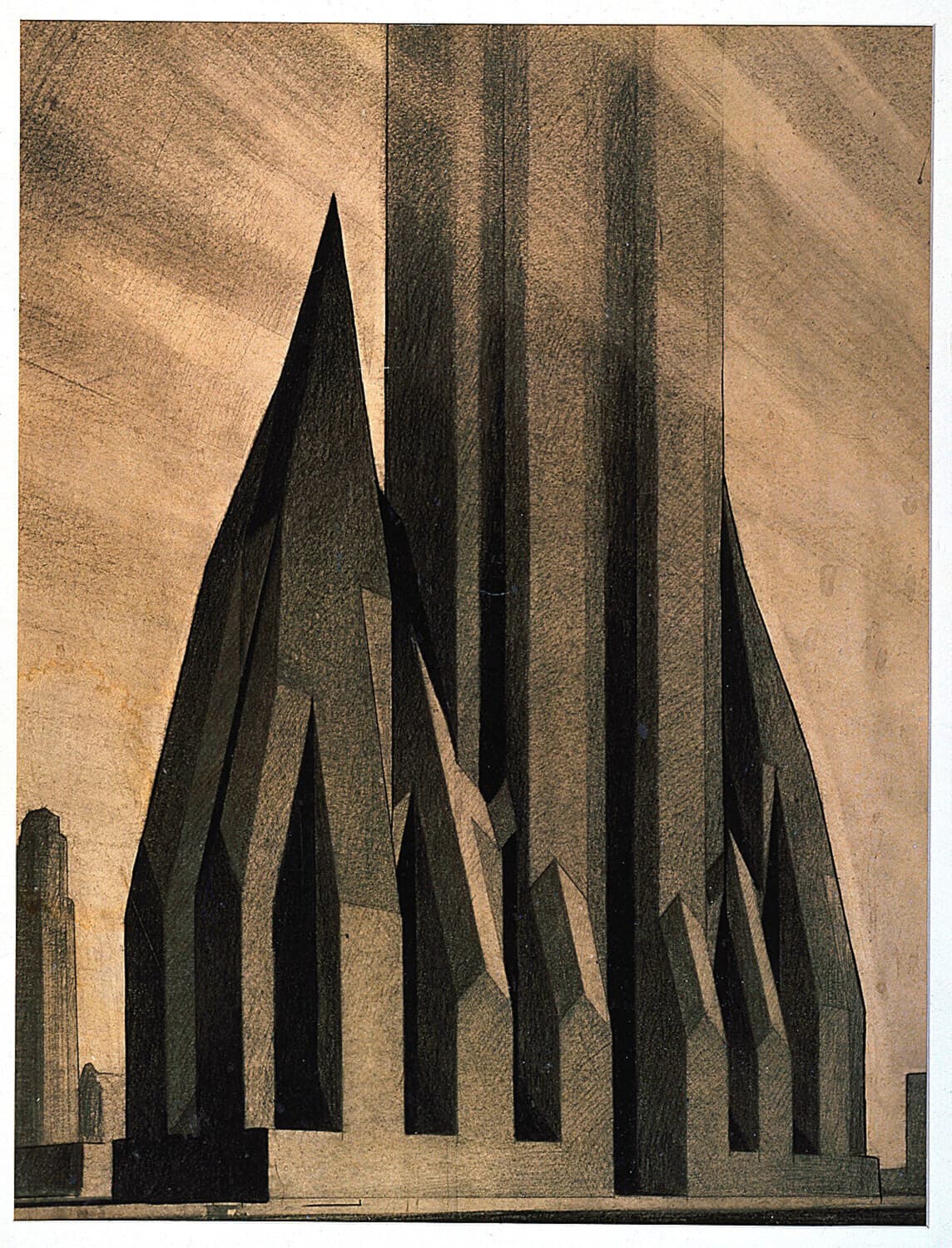 Hugh Ferriss charcoal study of the maximum mass permitted by the 1916 New York zoning law, stage 2, 1922.
